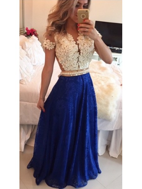 A-Line Short Sleeves Lace Chiffon Royal Blue White Long Prom Dresses Evening Gowns 99602206