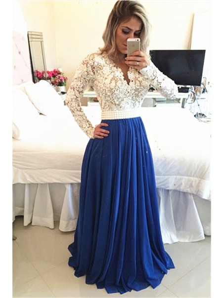 Royal Blue White Lace Chiffon Long Sleeves Prom Dresses Evening Gowns 99602208 Royal Blue White Lace Chiffon Long Sleeves Prom Dresses Evening Gowns 99602208