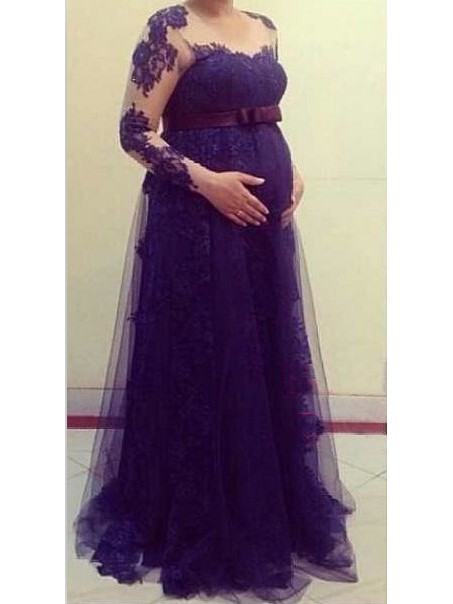 Long Sleeves Purple Lace Maternity Dresses Evening Gowns 99602216