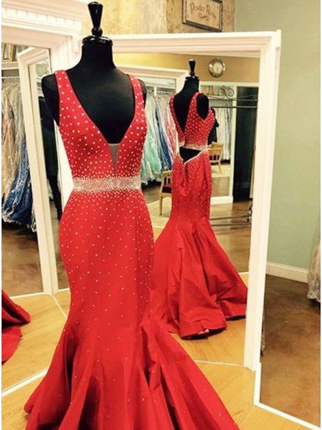 Long Red Beaded Trumpet/Mermaid Prom Dresses Evening Gowns 99602220