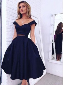 Two Pieces Off-the-Shoulder Navy Blue Bridesmaid Prom Dresses Evening Gowns 99602223