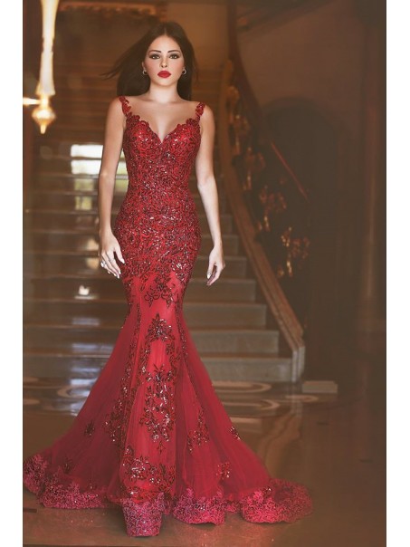 Mermaid Long Red Lace Prom Dresses Party Evening Gowns 99602242