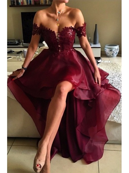 High Low Burgundy Off-the-Shoulder Lace Prom Dresses Party Evening Gowns 99602243