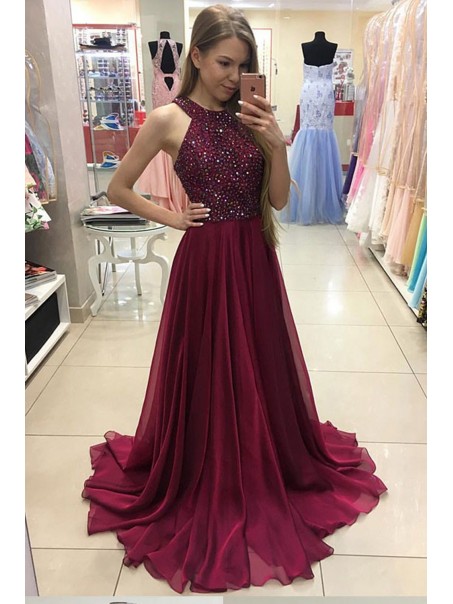 A-Line Burgundy Beaded Chiffon Prom Dresses Party Evening Gowns 99602244