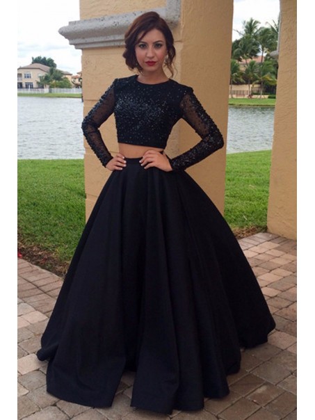 Long Sleeves Two Pieces Black Prom Dresses Party Evening Gowns 99602246