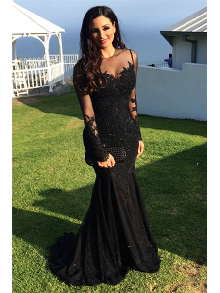 Long Black Mermaid Illusion Neckline Lace Long Sleeves Prom Dresses Party Evening Gowns 99602247