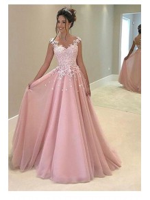 A-Line Long Pink Lace Prom Dresses Party Evening Gowns 99602248