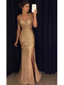Mermaid  V-Neck Gold Sequins Beads Long Prom Dresses Party Evening Gowns 99602249