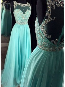 Beaded Illusion Neckline Long Blue Prom Dresses Party Evening Gowns 99602255
