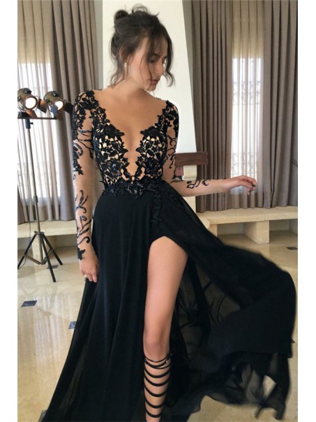 Long Black Lace Chiffon Prom Dresses Party Evening Gowns 99602257 Long Black Lace Chiffon Prom Dresses Party Evening Gowns 99602257