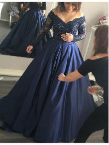 Long Sleeve Navy Off-the-Shoulder Lace Prom Dresses Party Evening Gowns 99602263