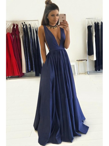 Long Blue Low V-Neck Prom Dresses Party Evening Gowns 99602274