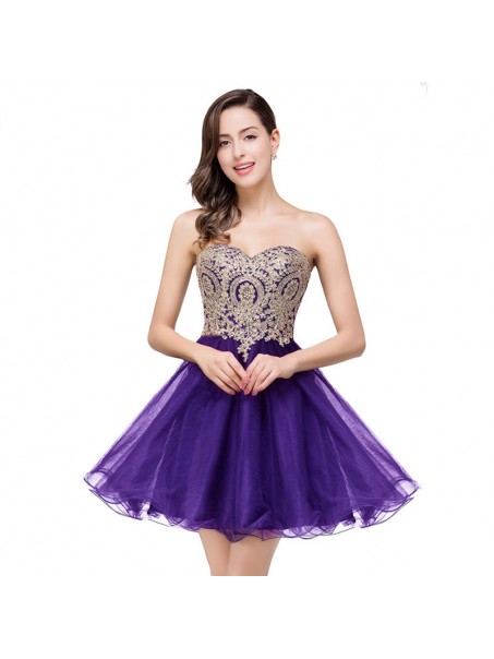 A-Line Sweetheart Gold Lace Appliques Short Prom Dresses Party Evening Gowns 99602284