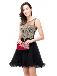 A-Line Illusion Neckline Gold Lace Appliques Short Prom Dresses Party Evening Gowns 99602290
