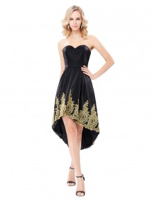 High Low Sweetheart Short Black Gold Lace Appliques Prom Dresses Party Evening Gowns 99602291
