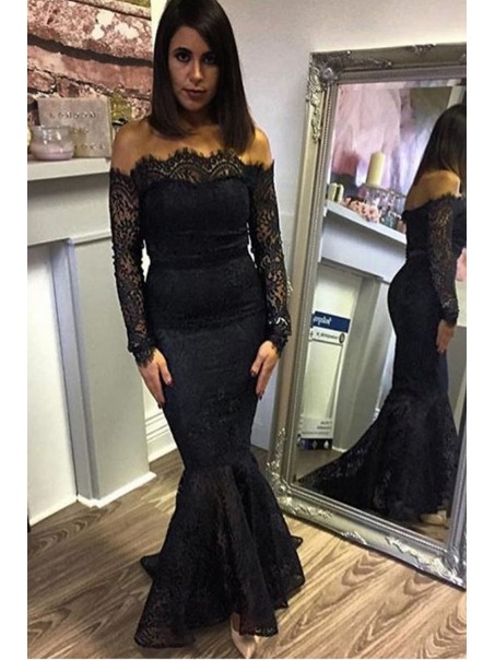 Mermaid Off-the-Shoulder Long Sleeve Black Lace Prom Dresses Party Evening Gowns 99602297