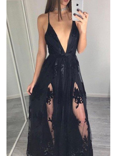 Sexy V-Neck Long Black Lace Prom Dresses Party Evening Gowns 99602298