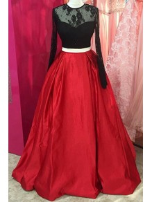 Two Pieces Long Sleeves Black Lace Red Prom Dresses Party Evening Gowns 99602299 Two Pieces Long Sleeves Black Lace Red Prom Dresses Party Evening Gowns 99602299