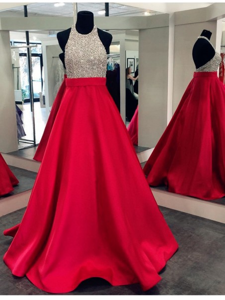 A-Line Halter Sequins and Satin Long Red Prom Dresses Party Evening Gowns 99602309 A-Line Halter Sequins and Satin Long Red Prom Dresses Party Evening Gowns 99602309