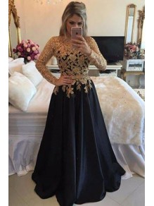 A-Line Gold Lace Appliques Long Sleeves Prom Dresses Party Evening Gowns 99602314