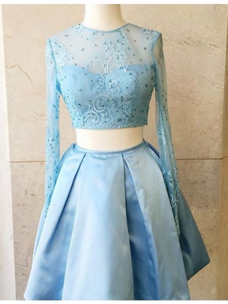 Two Pieces Long Sleeves Lace Satin Short Prom Dresses Party Evening Gowns 99602316 Two Pieces Long Sleeves Lace Satin Short Prom Dresses Party Evening Gowns 99602316