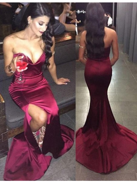 Sexy Mermaid Sweetheart Side Slit Burgundy Long Prom Dresses Party Evening Gowns 99602320