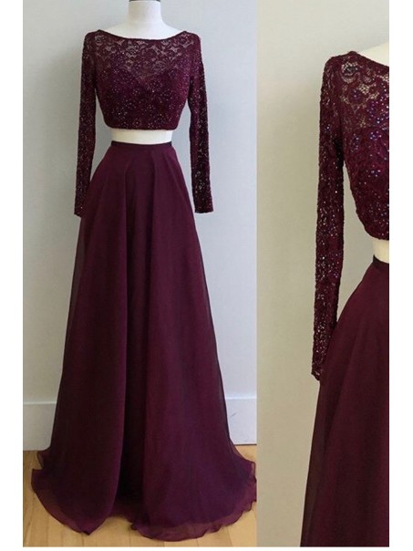 Two Pieces Long Sleeves Lace Chiffon Prom Dresses Party Evening Gowns 99602324