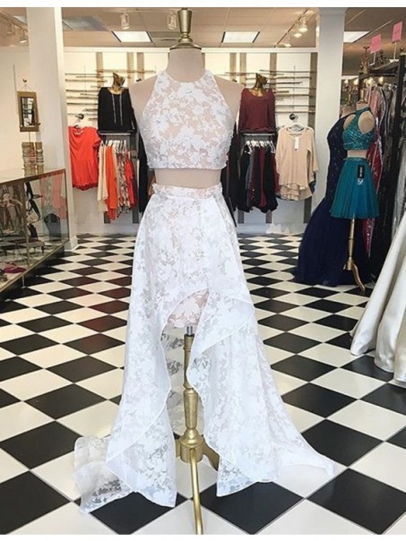 High Low Two Pieces White Lace Prom Dresses Party Evening Gowns 99602326