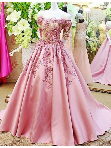 A-Line Off-the-Shoulder Short Sleeve Long Pink Prom Dresses Party Evening Gowns 99602331