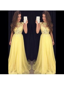 Long Yellow Illusion Bodice Lace and Chiffon Prom Dresses Party Evening Gowns 99602335 Long Yellow Illusion Bodice Lace and Chiffon Prom Dresses Party Evening Gowns 99602335