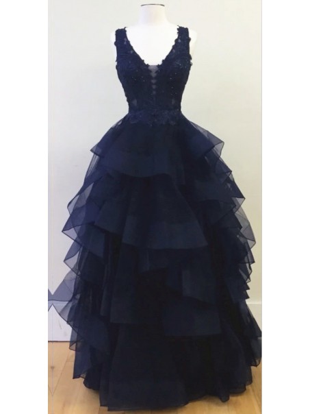 Long Navy V-Neck Lace Prom Dresses Party Evening Gowns 99602338