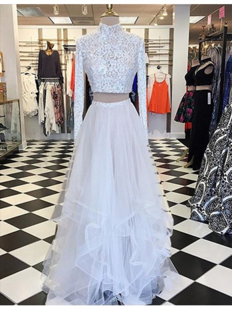 High Neck Long Sleeves Lace and Tulle Two Pieces Prom Dresses Party Evening Gowns 99602340 High Neck Long Sleeves Lace and Tulle Two Pieces Prom Dresses Party Evening Gowns 99602340