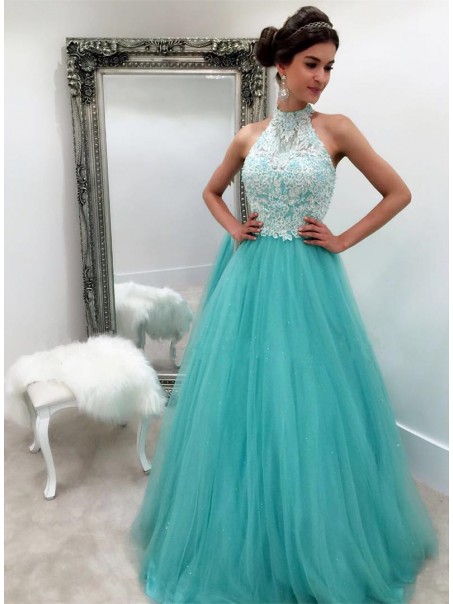 Halter Lace and Tulle Long Prom Dresses Party Evening Gowns 99602346