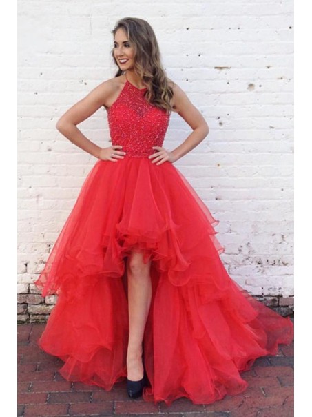 High Low Beaded Red Prom Dresses Party Evening Gowns 99602349