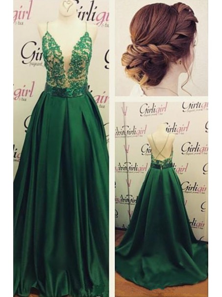 Long Green Spaghetti Straps Lace Satin Prom Dresses Party Evening Gowns 99602355 Long Green Spaghetti Straps Lace Satin Prom Dresses Party Evening Gowns 99602355