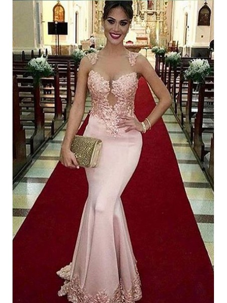 Long Pink Illusion Neckline Lace Mermaid Prom Dresses Party Evening Gowns 99602361