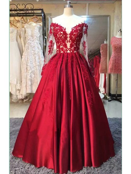Long Red Long Sleeves Lace Satin Off-the-Shoulder Prom Dresses Party Evening Gowns 99602362 Long Red Long Sleeves Lace Satin Off-the-Shoulder Prom Dresses Party Evening Gowns 99602362