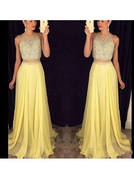 Beaded Two Pieces Yellow Prom Dresses Party Evening Gowns 99602363
