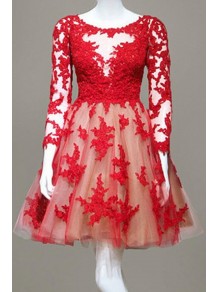 Long Sleeves Lace Red Short Homecoming Cocktail Prom Dresses 99602366