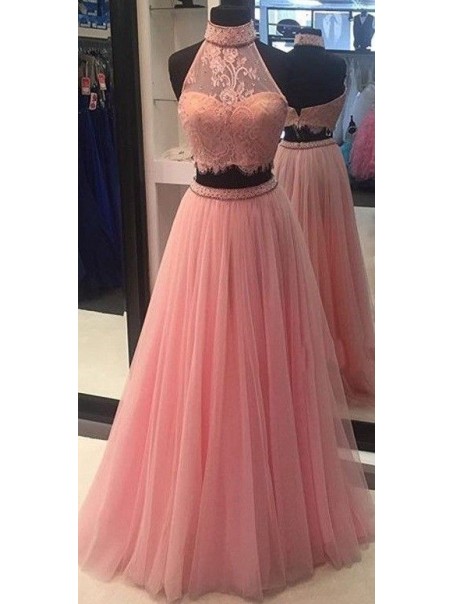 Halter Two Pieces Beaded Lace Prom Dresses Party Evening Gowns 99602367