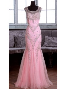 Long Pink Beaded Mermaid Lace Tulle Prom Dresses Party Evening Gowns 99602370