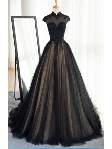 Long Black Lace Tulle Prom Dresses Party Evening Gowns 99602371