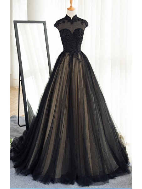 Long Black Lace Tulle Prom Dresses Party Evening Gowns 99602371