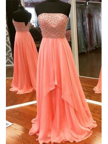 A-Line Strapless Beaded Chiffon Long Prom Dresses Party Evening Gowns 99602374