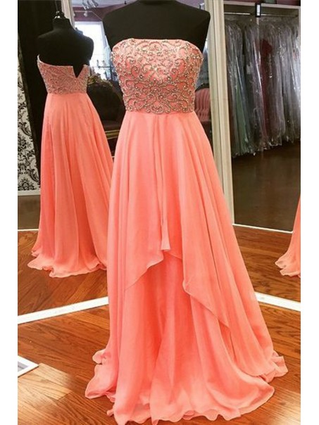 A-Line Strapless Beaded Chiffon Long Prom Dresses Party Evening Gowns 99602374