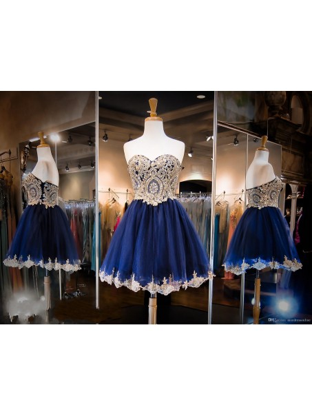 Short Blue Sweetheart Gold Lace Appliques Homecoming Cocktail Prom Dresses 99602379