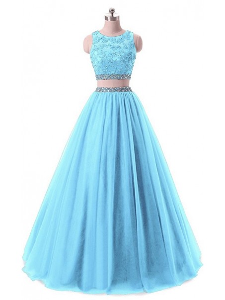 Two Pieces Beaded Lace Appliques Long Blue Prom Dresses Party Evening Gowns 99602380
