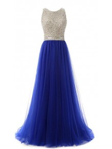 A-Line Long Blue Beaded Sequins Tulle Prom Dresses Party Evening Gowns 99602381