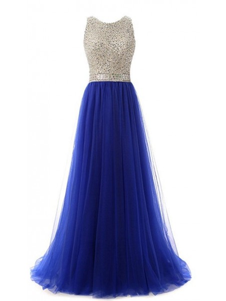 A-Line Long Blue Beaded Sequins Tulle Prom Dresses Party Evening Gowns 99602381