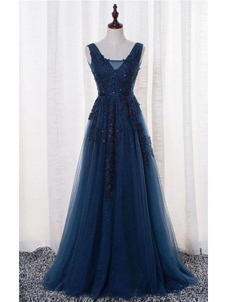 A-Line Lace Appliques Long Blue Prom Dresses Party Evening Gowns 99602383
